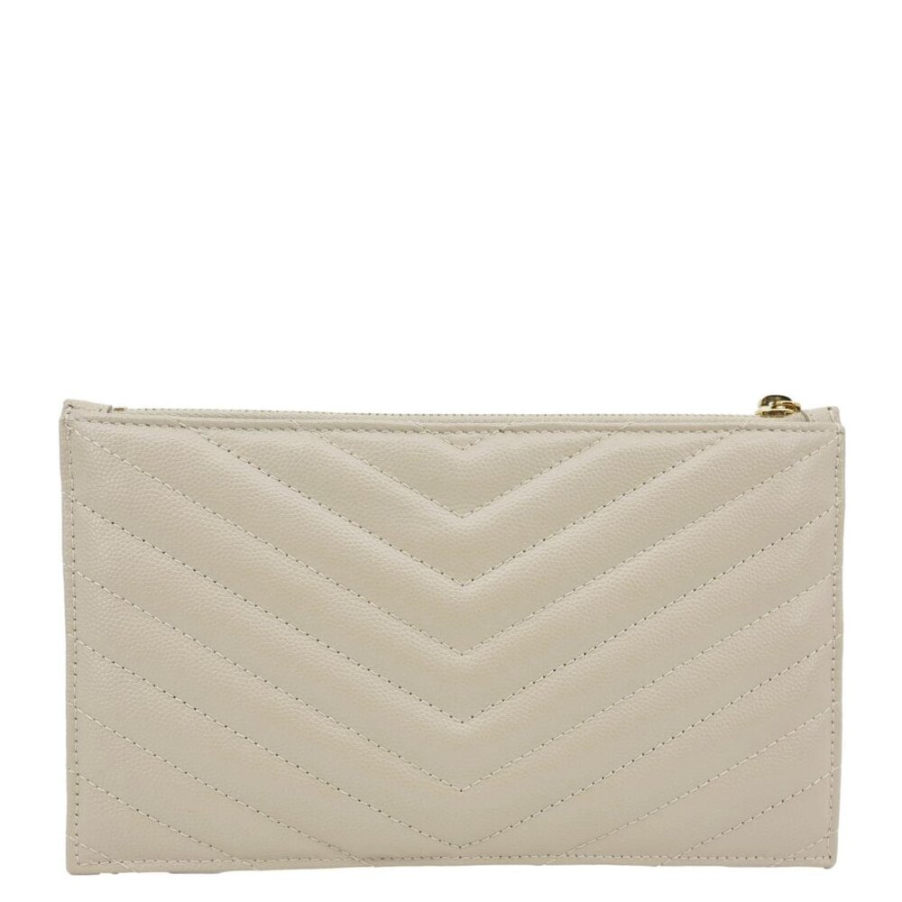 Yves Saint Laurent Monogram Bill Grain De Poudre Chevron Leather Zip Pouch Beige - Picture 3 of 12
